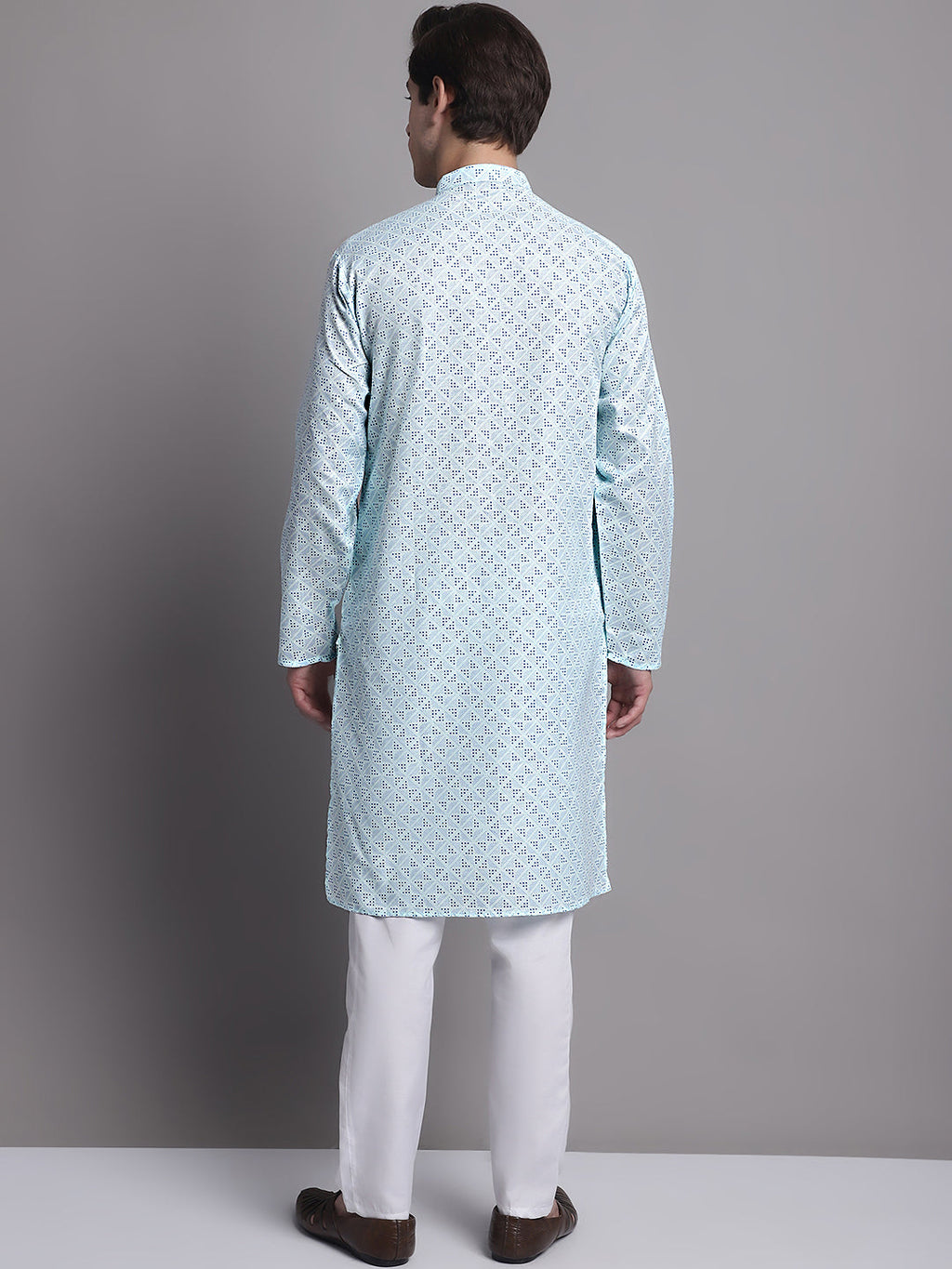 Jompers Men's Sky Blue Printed Pure Cotton Kurta Payjama Set