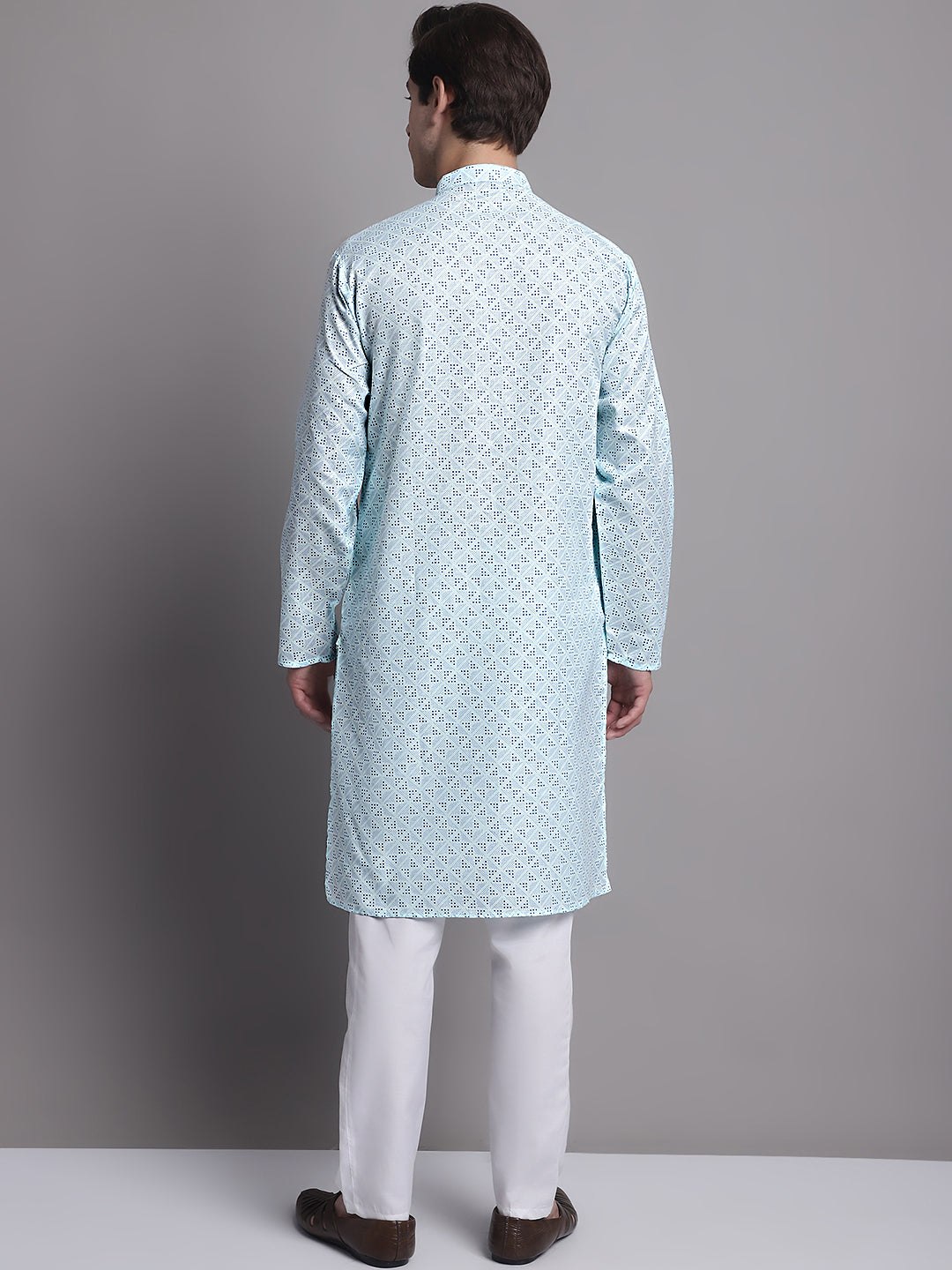 Jompers Men's Sky Blue Printed Pure Cotton Kurta Payjama Set