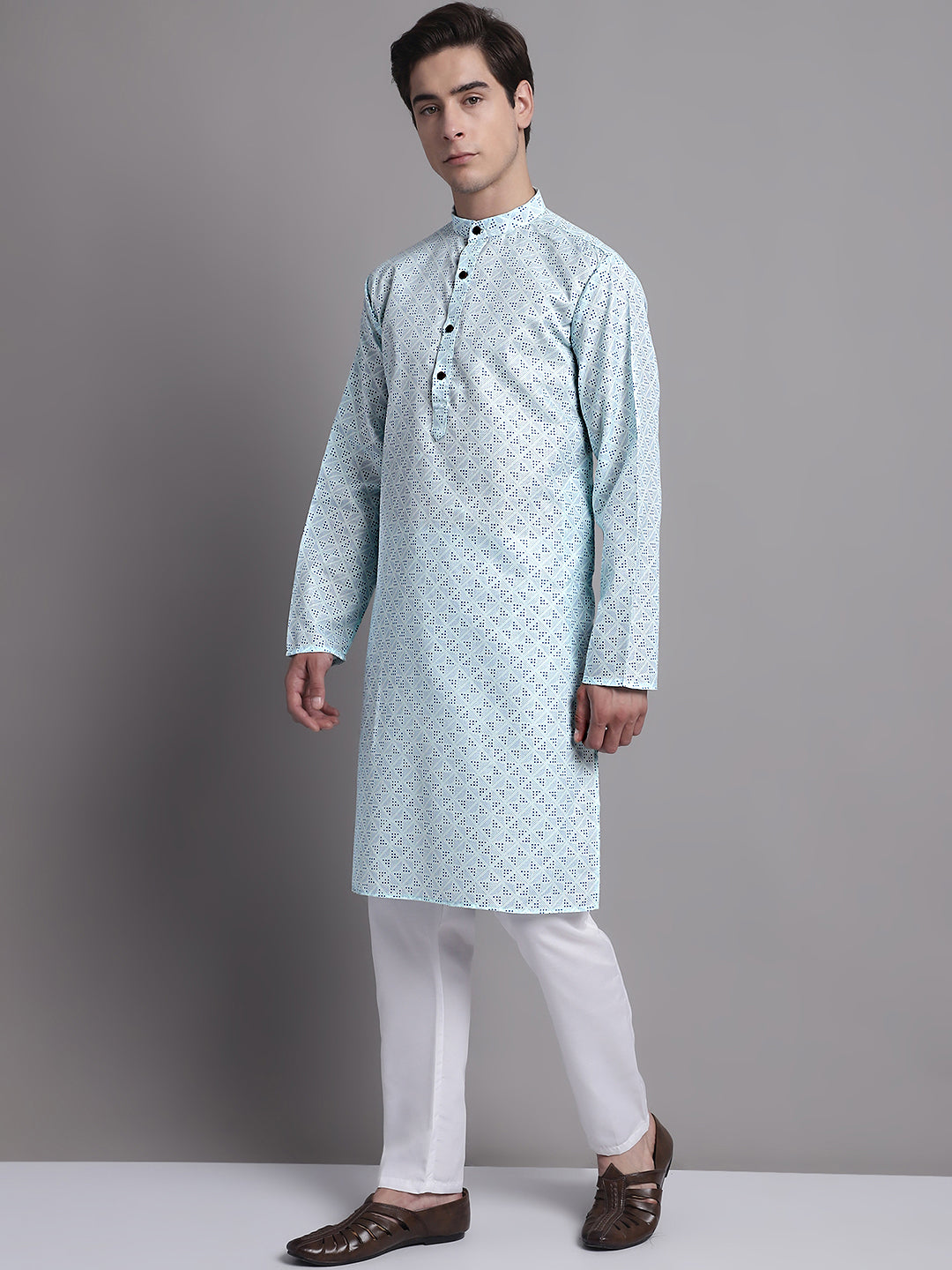 Jompers Men's Sky Blue Printed Pure Cotton Kurta Payjama Set