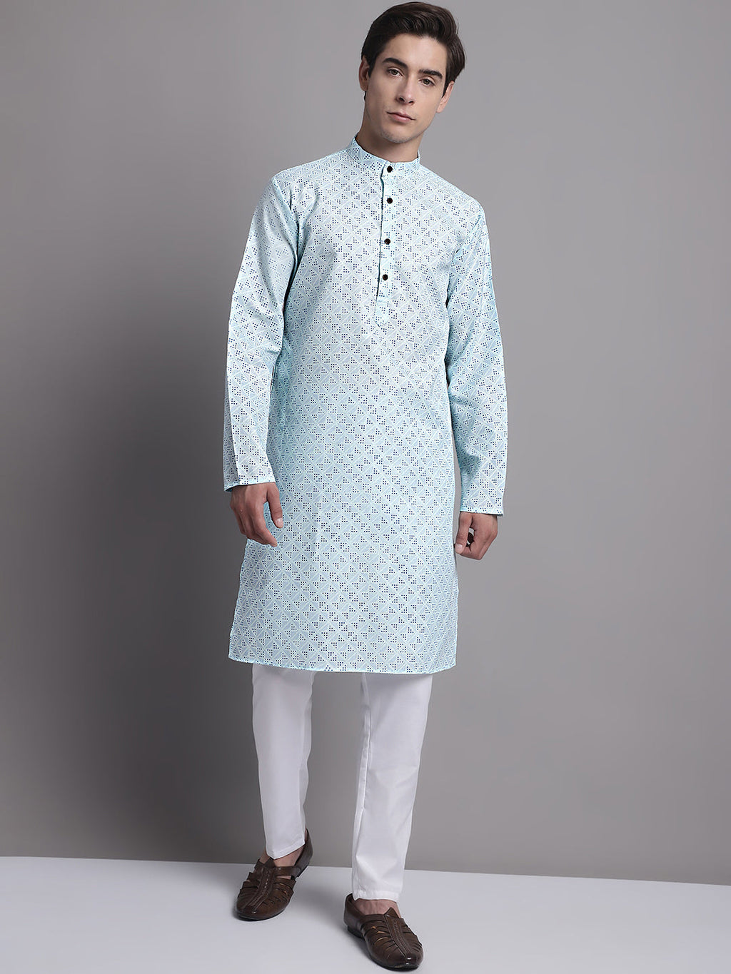 Jompers Men's Sky Blue Printed Pure Cotton Kurta Payjama Set