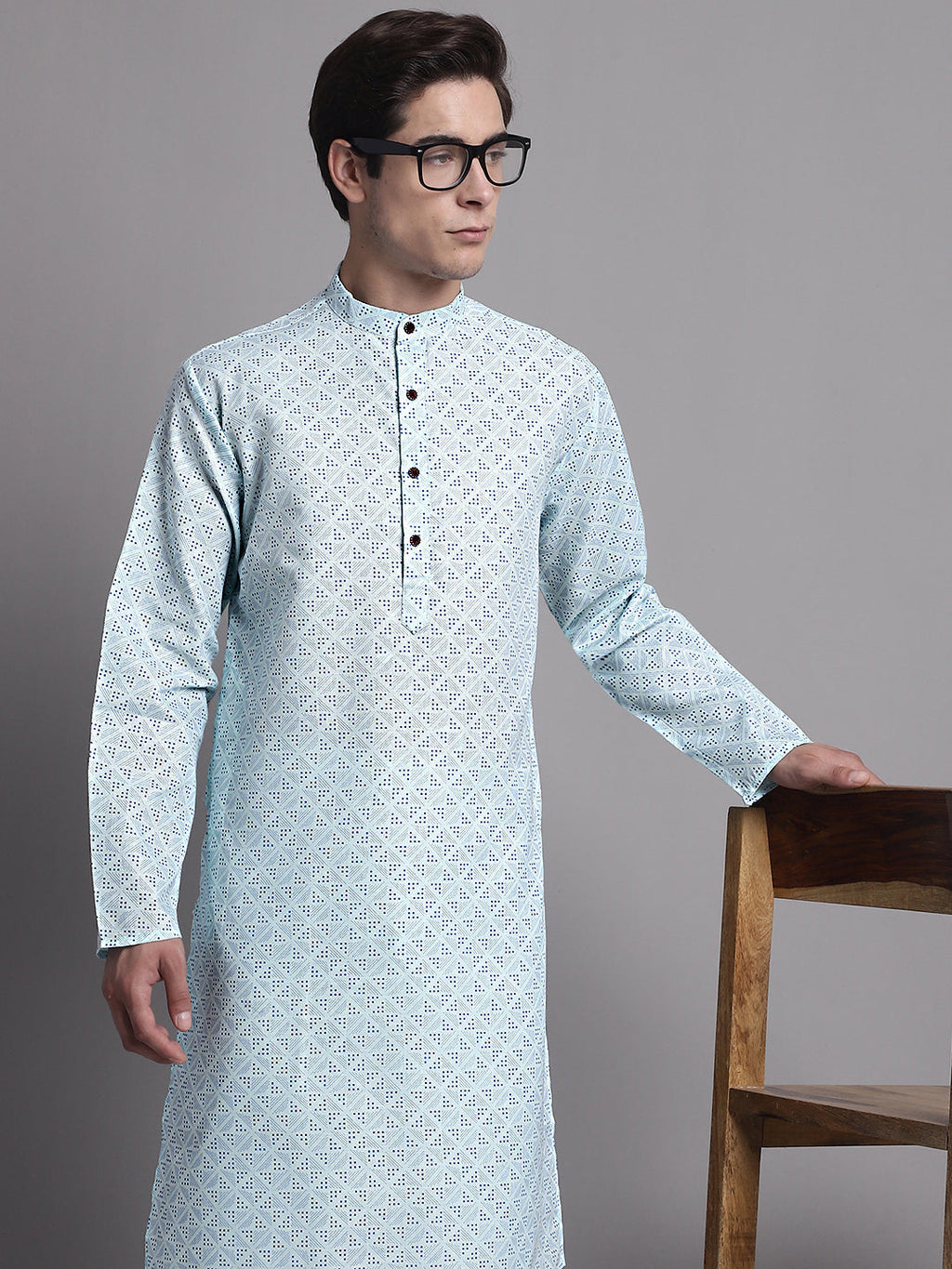 Jompers Men's Sky Blue Printed Pure Cotton Kurta Payjama Set