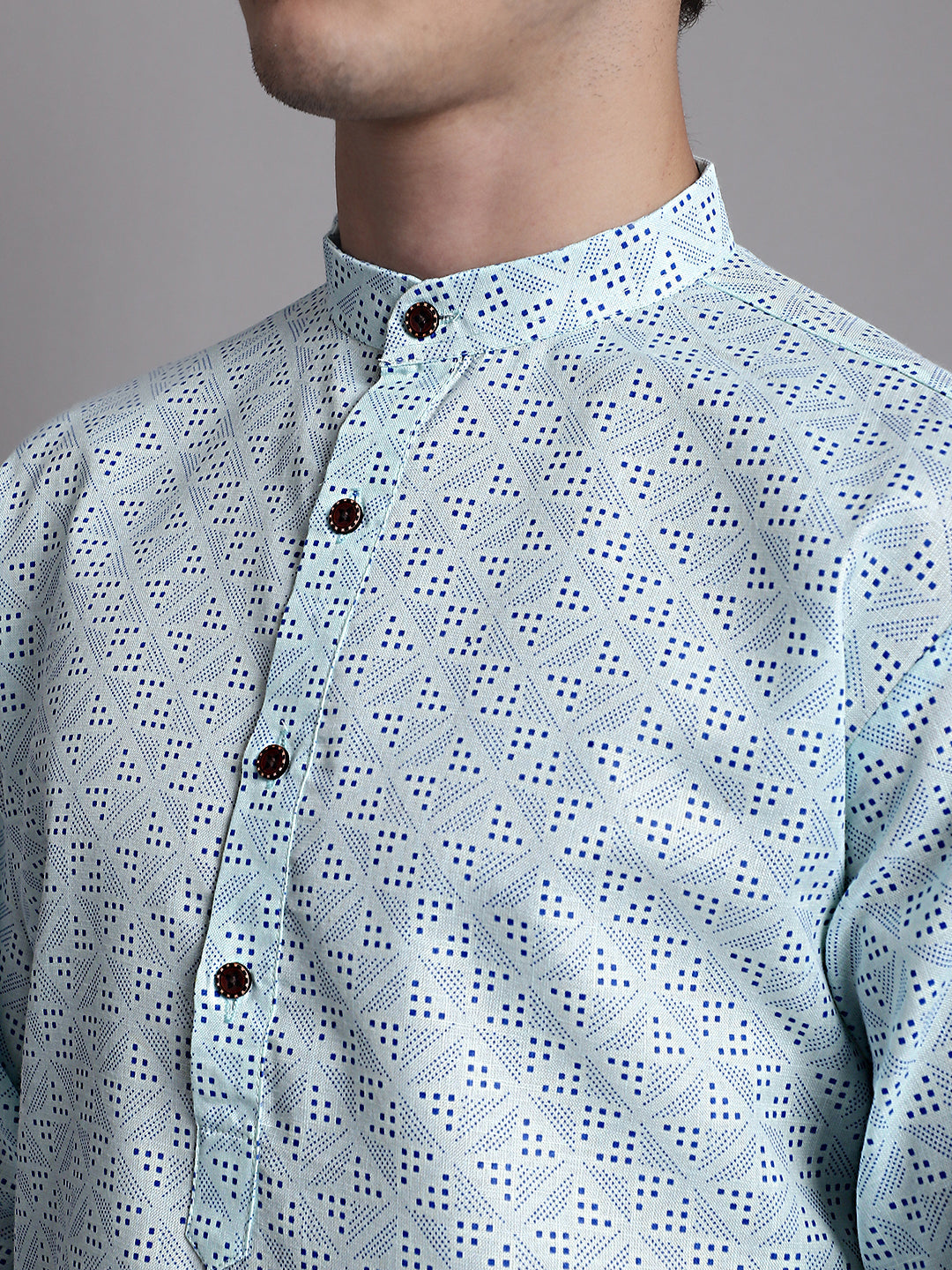 Jompers Men's Sky Blue Printed Pure Cotton Kurta Payjama Set