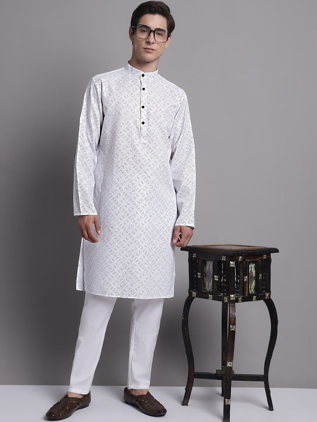 Jompers Men's White Printed Pure Cotton Kurta Payjama Set