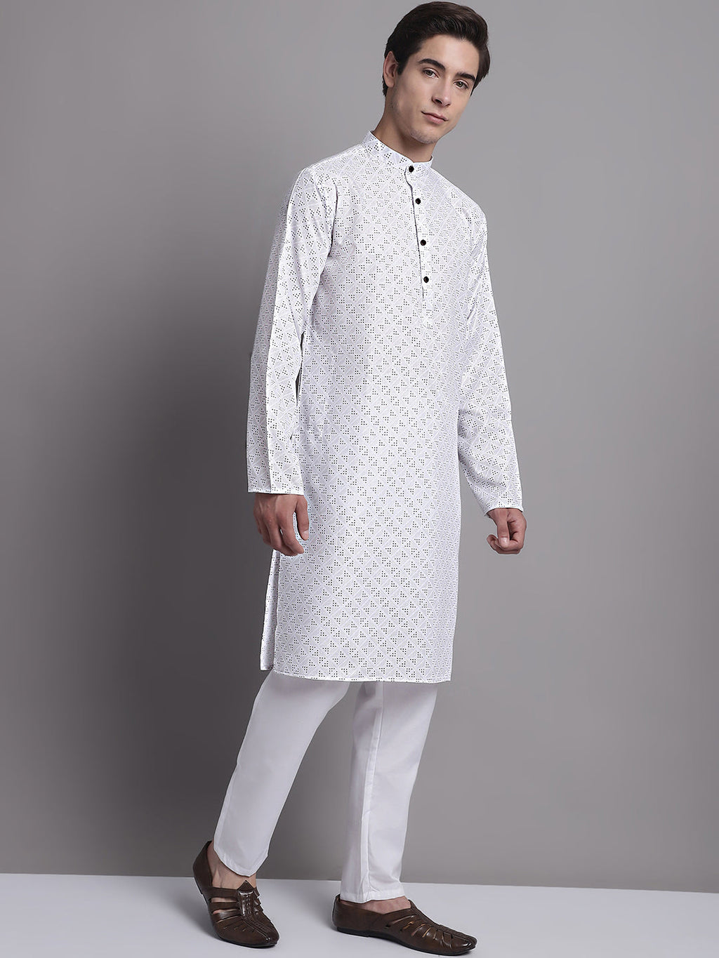 Jompers Men's White Printed Pure Cotton Kurta Payjama Set