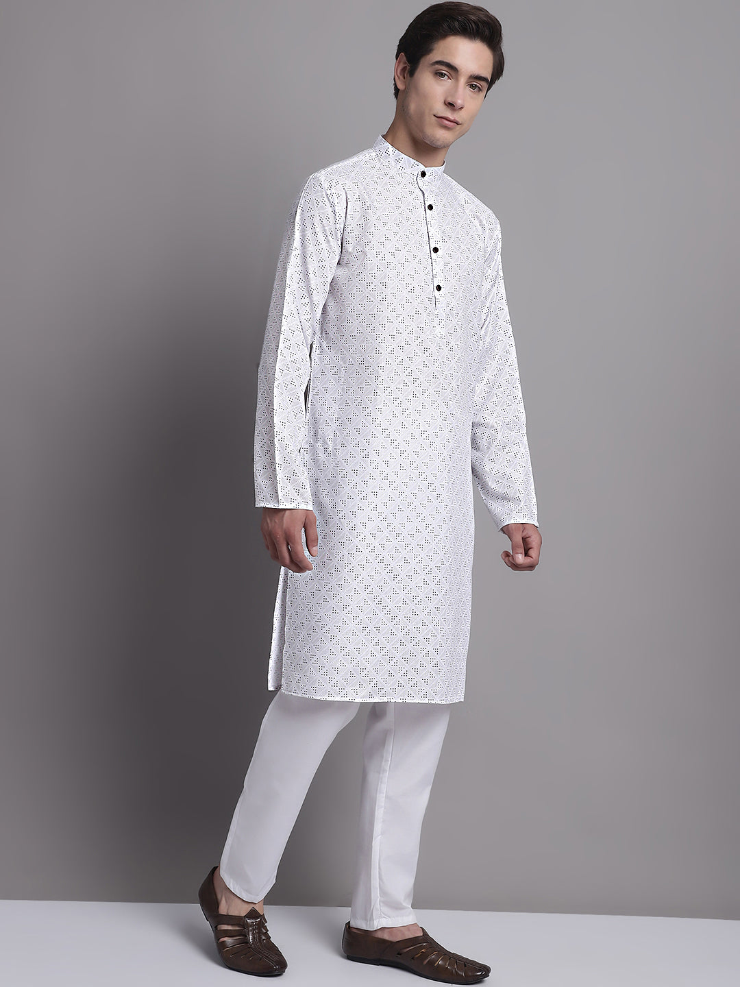 Jompers Men's White Printed Pure Cotton Kurta Payjama Set