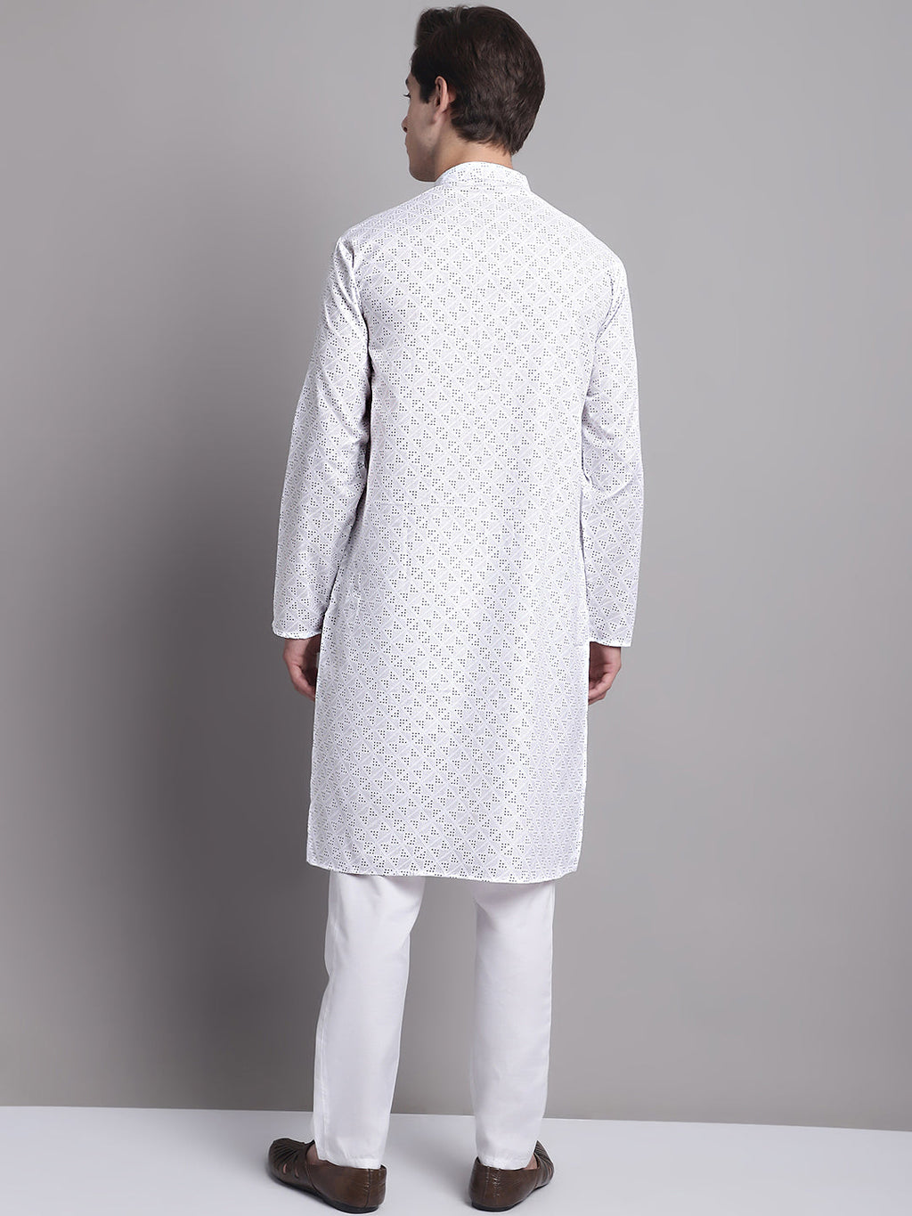 Jompers Men's White Printed Pure Cotton Kurta Payjama Set