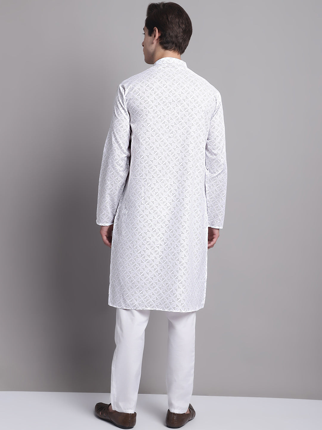 Jompers Men's White Printed Pure Cotton Kurta Payjama Set