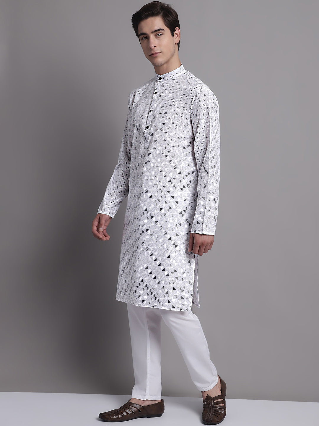 Jompers Men's White Printed Pure Cotton Kurta Payjama Set