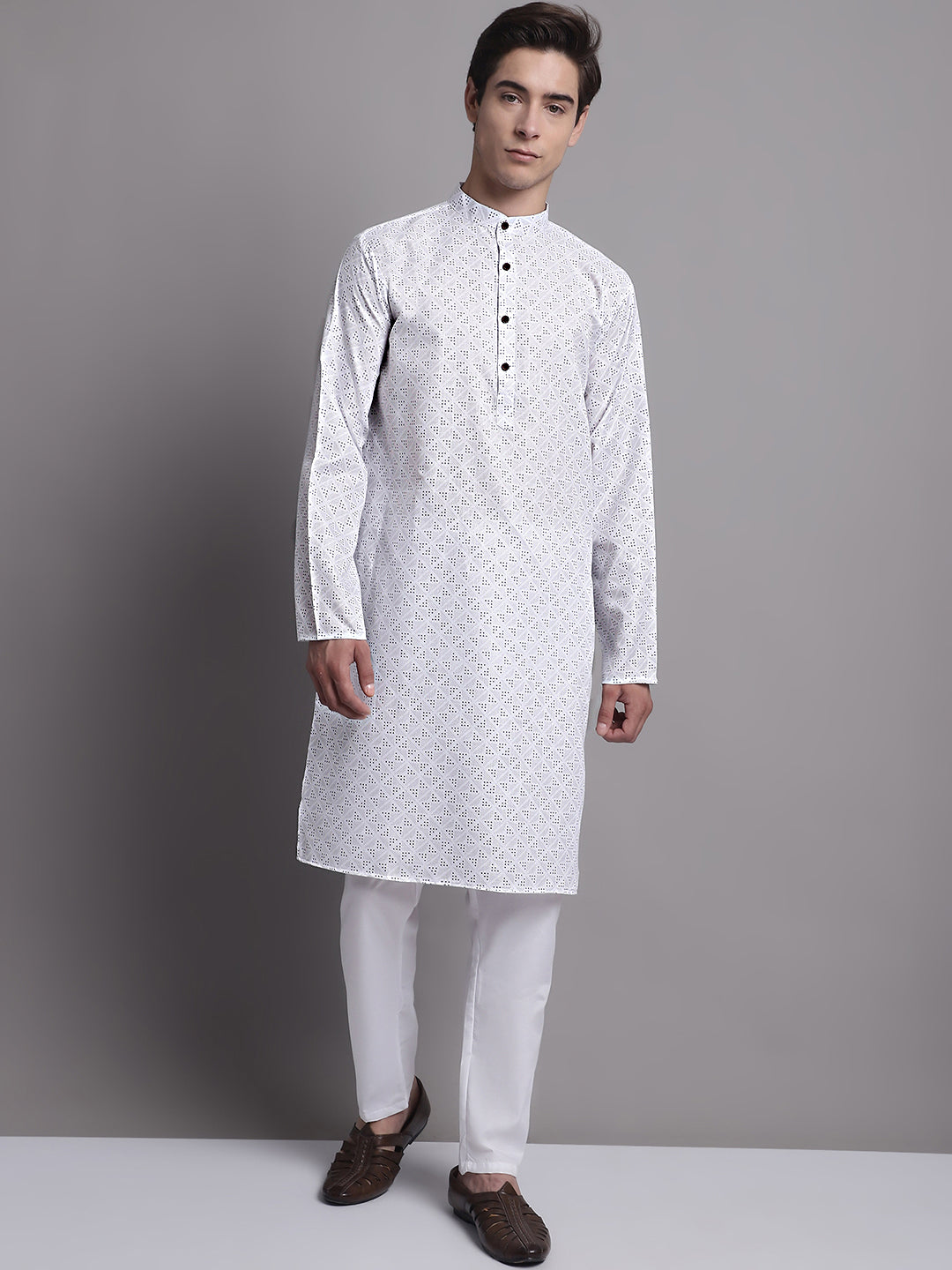 Jompers Men's White Printed Pure Cotton Kurta Payjama Set