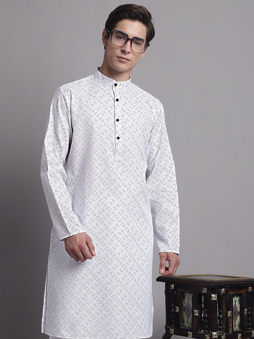 Jompers Men's White Printed Pure Cotton Kurta Payjama Set