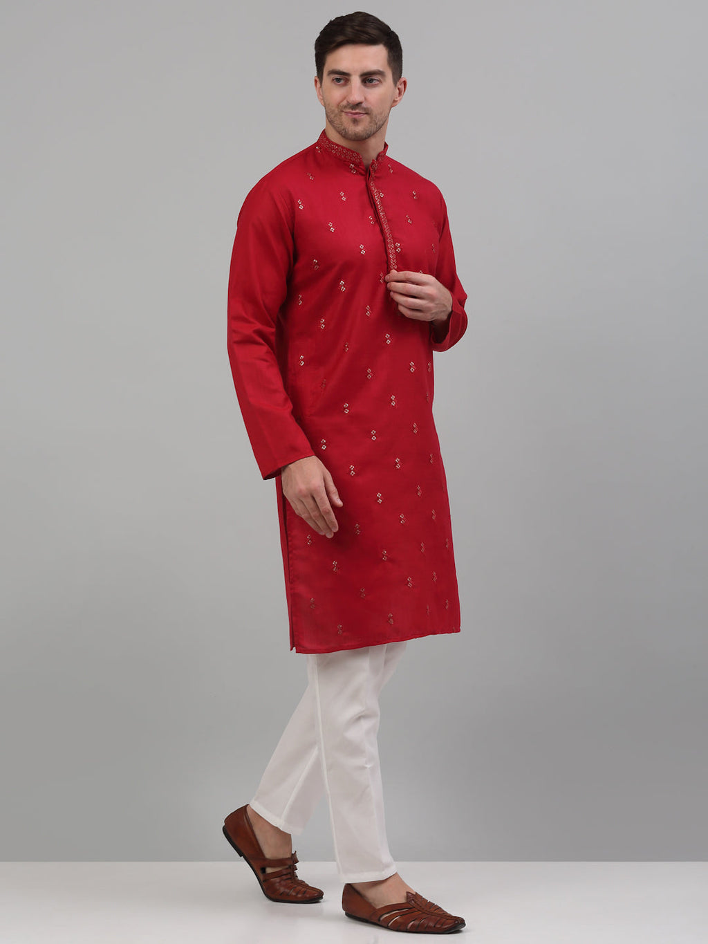 Jompers Men's Maroon Embroidered Straight Kurta Pyjama Set