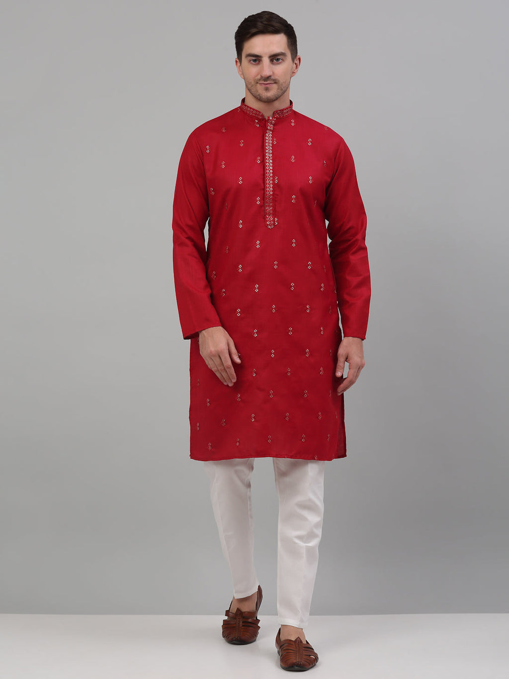 Jompers Men's Maroon Embroidered Straight Kurta Pyjama Set
