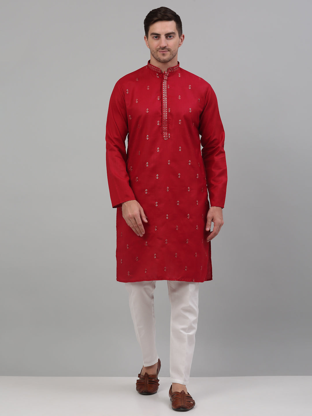 Jompers Men's Maroon Embroidered Straight Kurta Pyjama Set
