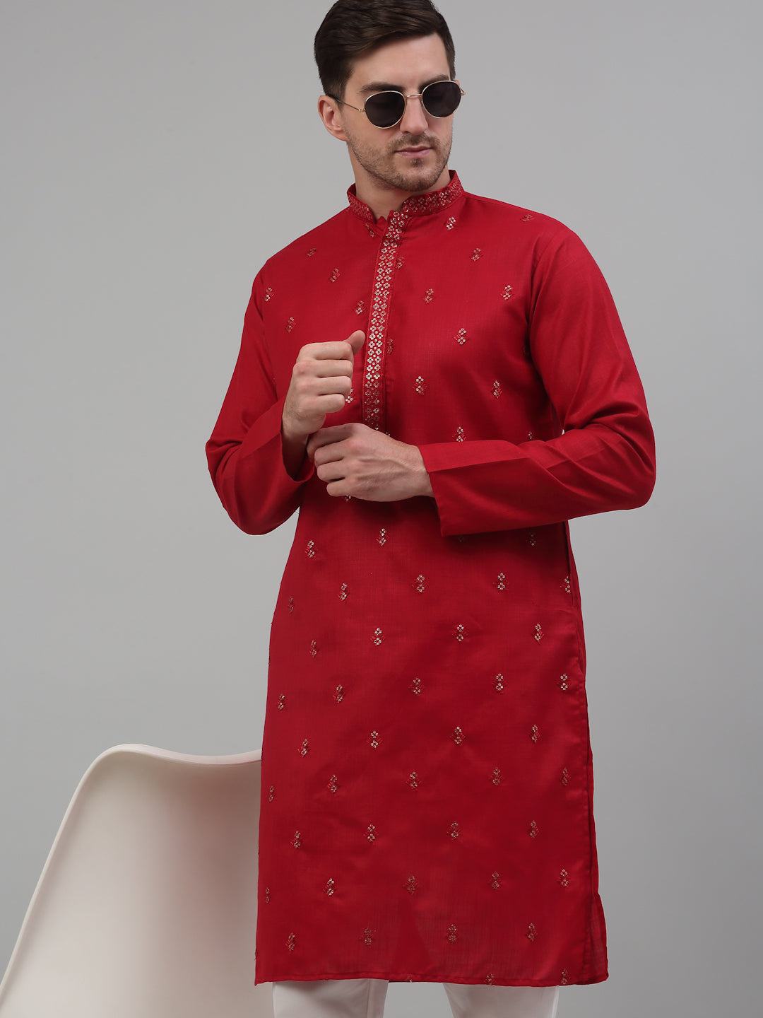 Jompers Men's Maroon Embroidered Straight Kurta Pyjama Set
