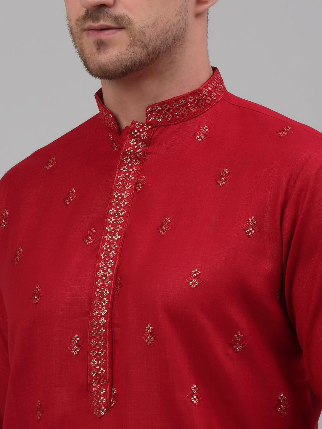 Jompers Men's Maroon Embroidered Straight Kurta Pyjama Set