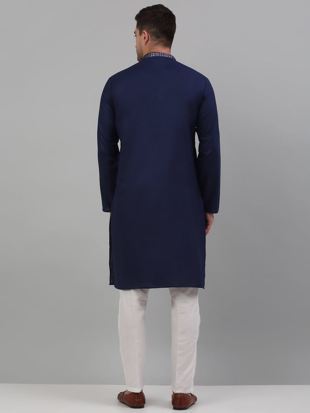 Jompers Men's Navy Blue Embroidered Straight Kurta Pyjama Set