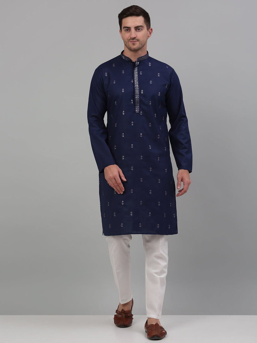 Jompers Men's Navy Blue Embroidered Straight Kurta Pyjama Set
