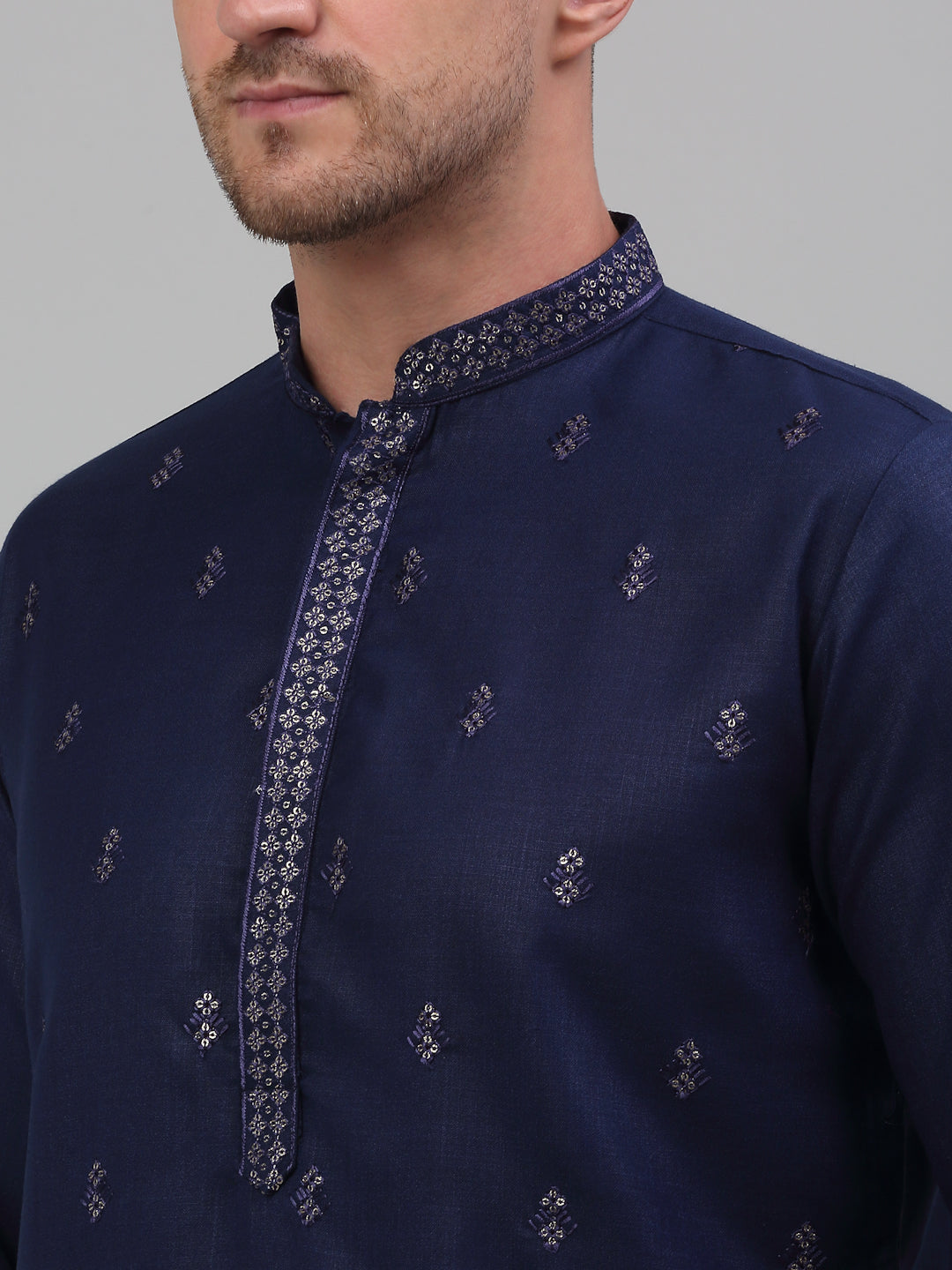 Jompers Men's Navy Blue Embroidered Straight Kurta Pyjama Set