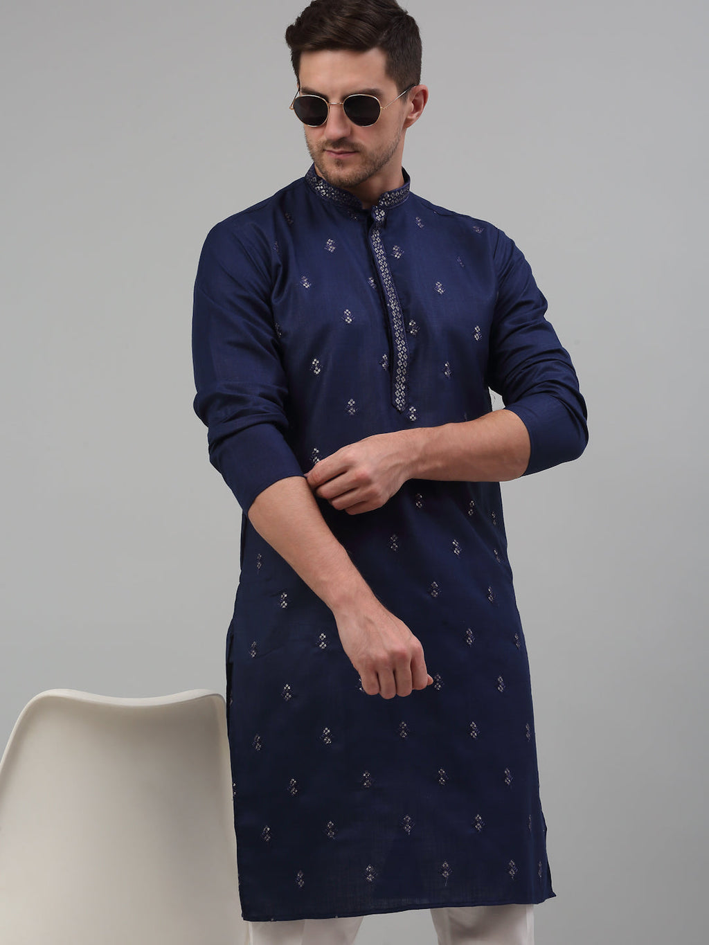 Jompers Men's Navy Blue Embroidered Straight Kurta Pyjama Set