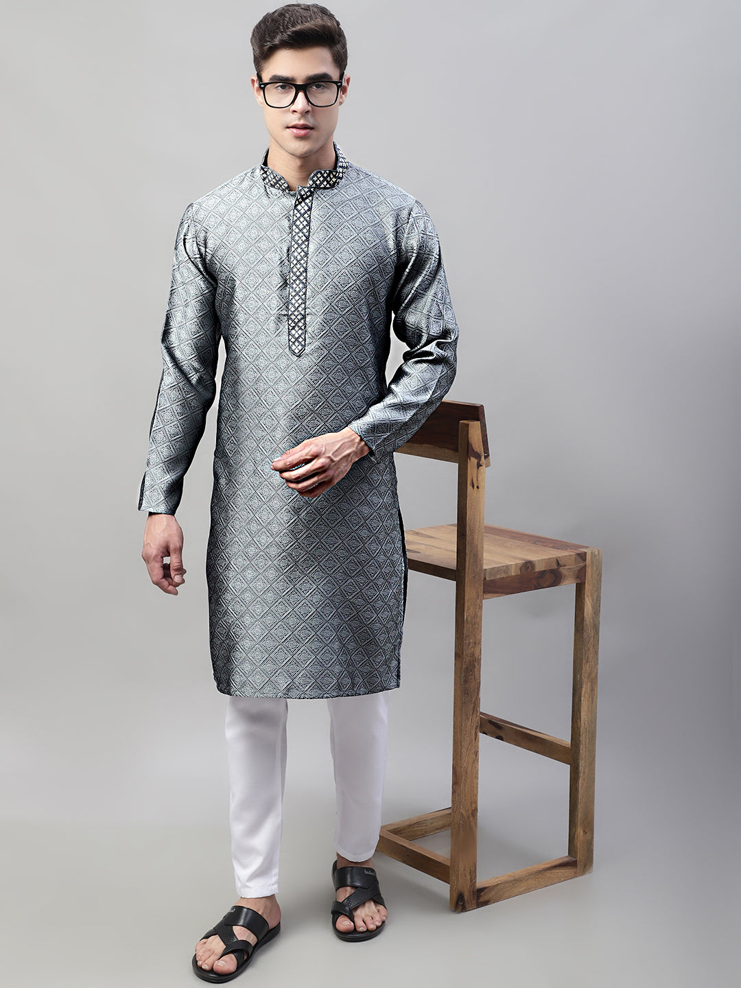 Jompers Men's Grey Collar Embroidered Silk Jacquard Kurta Pyjama