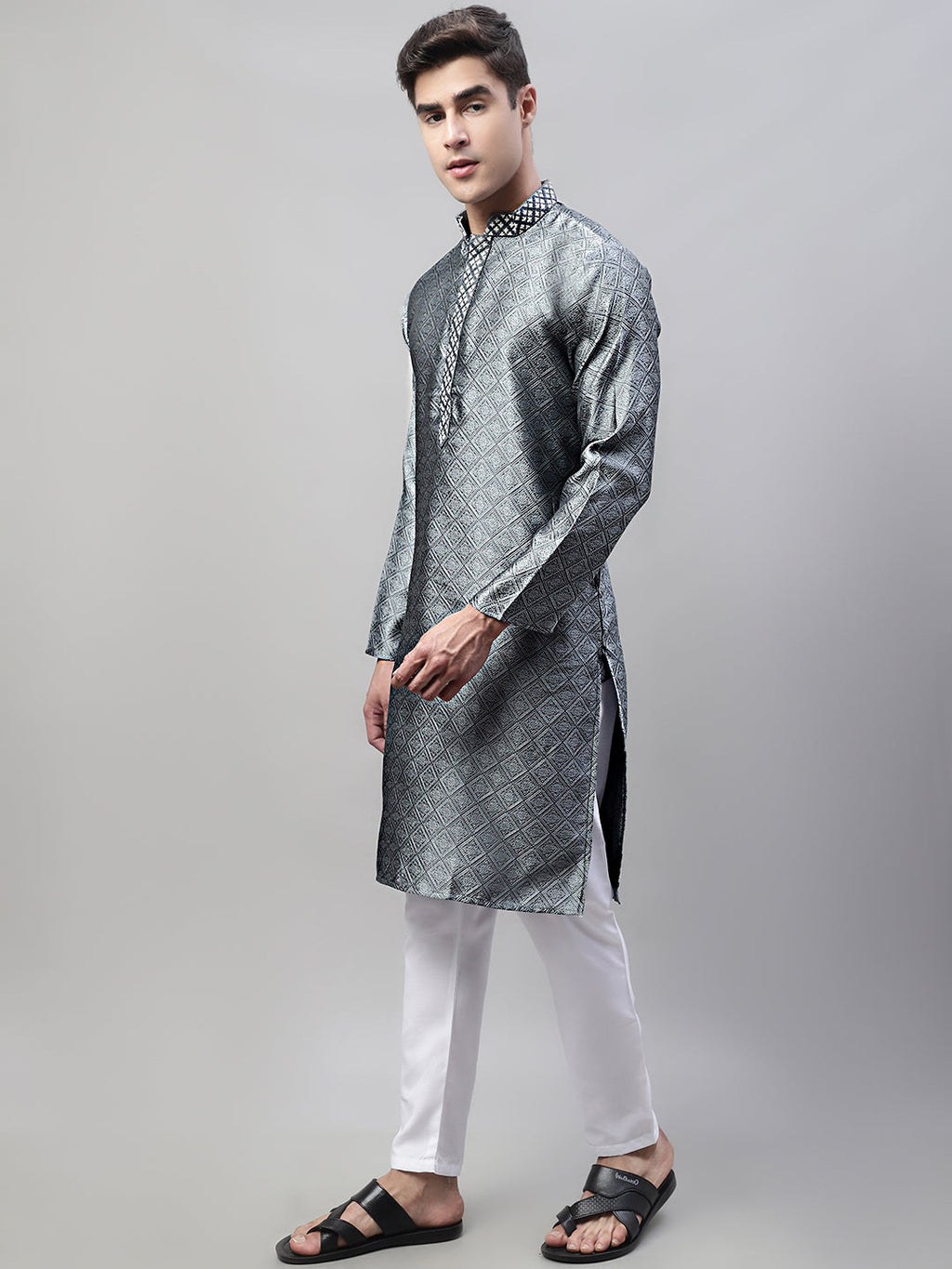 Jompers Men's Grey Collar Embroidered Silk Jacquard Kurta Pyjama