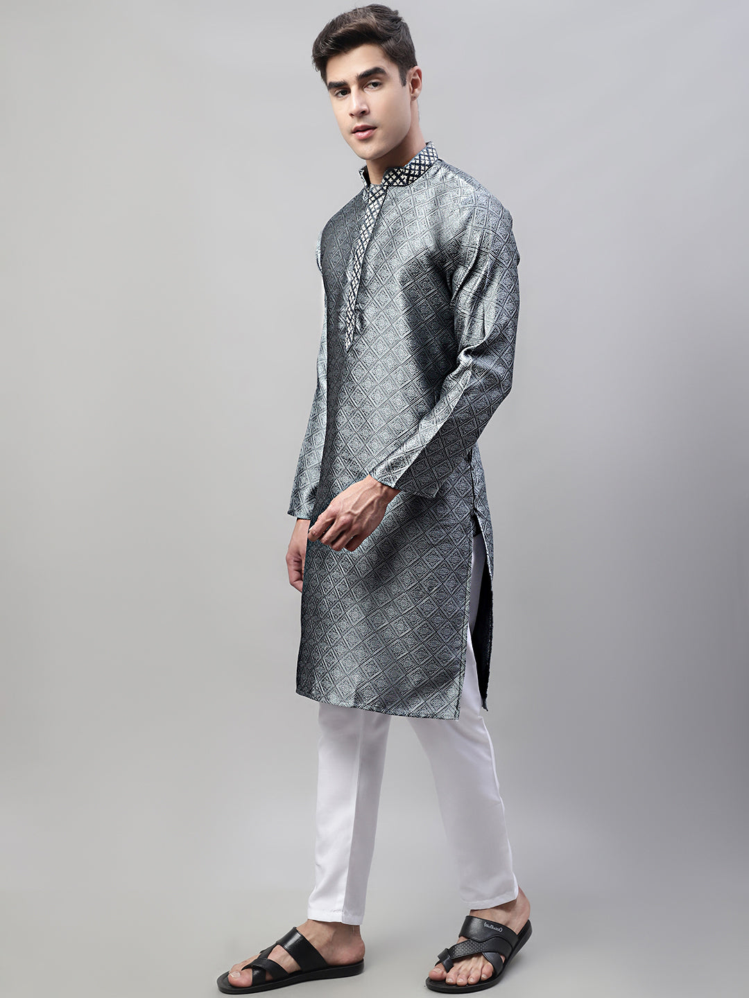 Jompers Men's Grey Collar Embroidered Silk Jacquard Kurta Pyjama