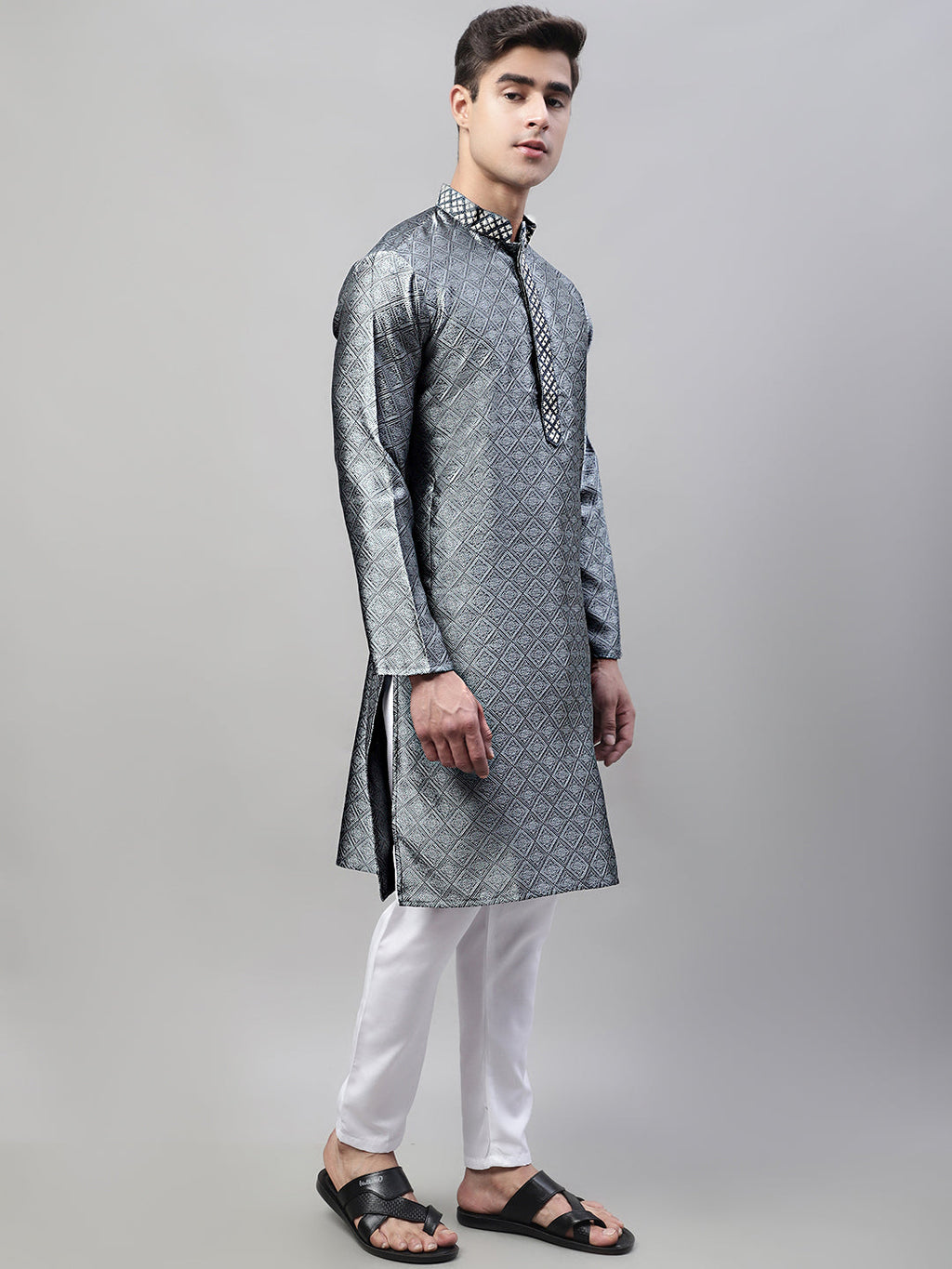 Jompers Men's Grey Collar Embroidered Silk Jacquard Kurta Pyjama