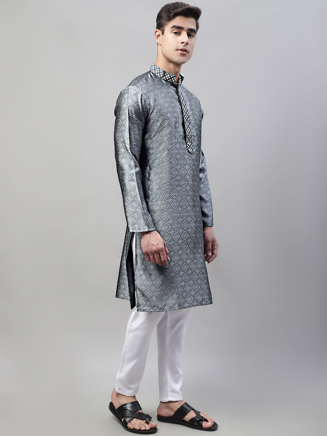 Jompers Men's Grey Collar Embroidered Silk Jacquard Kurta Pyjama