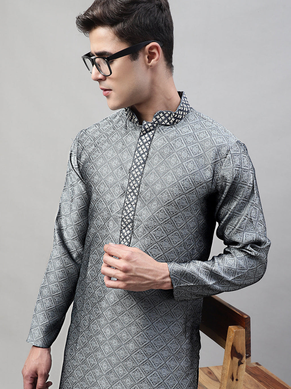 Jompers Men's Grey Collar Embroidered Silk Jacquard Kurta Pyjama