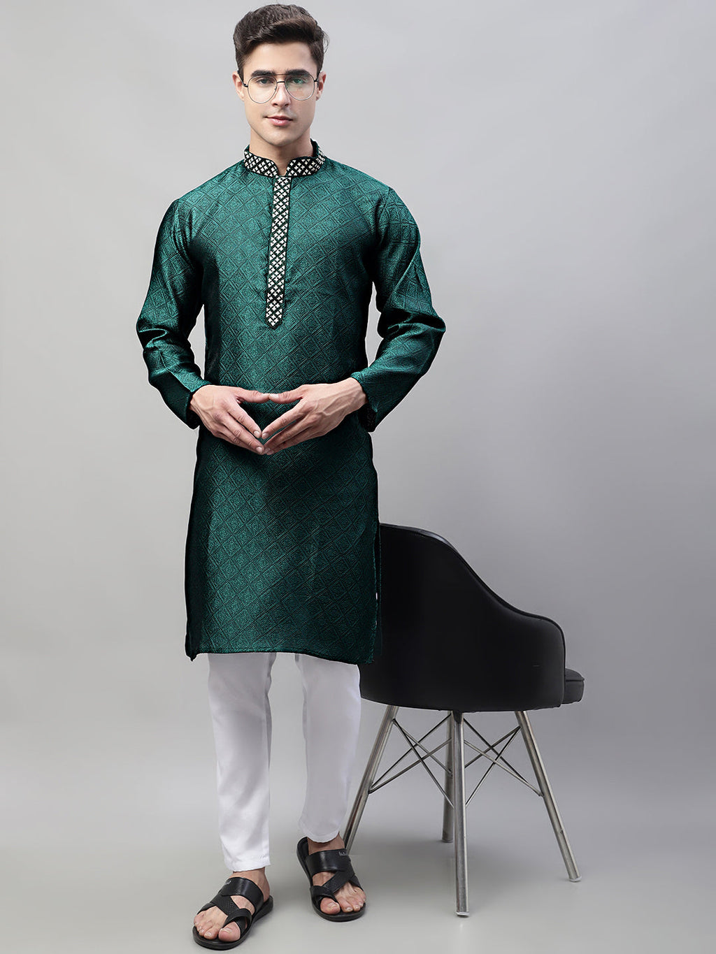 Jompers Men's Olive Green Collar Embroidered Silk Jacquard Kurta Pyjama