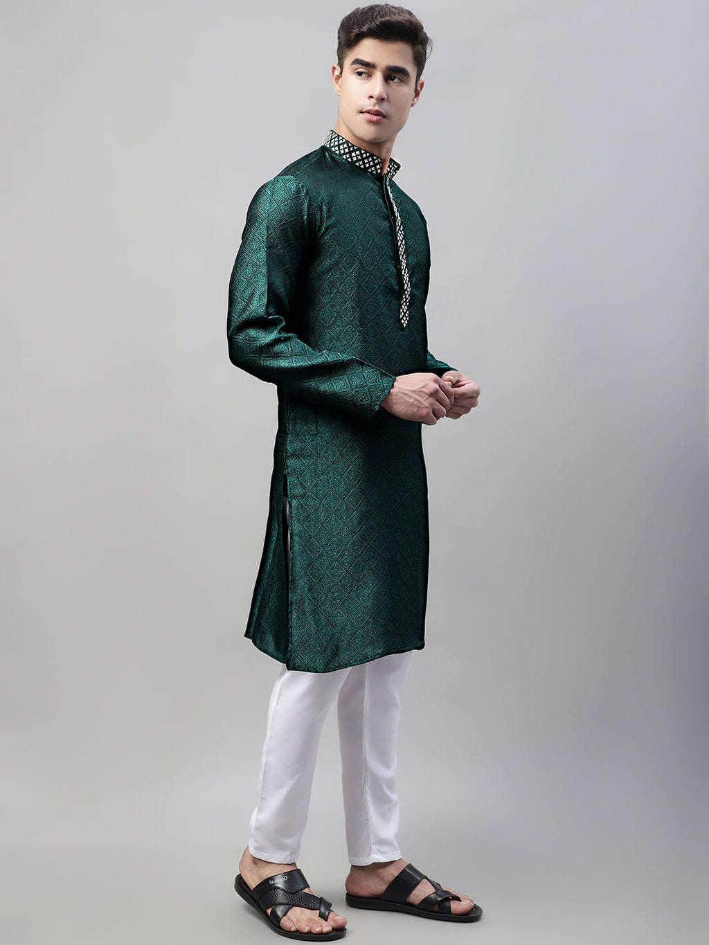 Jompers Men's Olive Green Collar Embroidered Silk Jacquard Kurta Pyjama