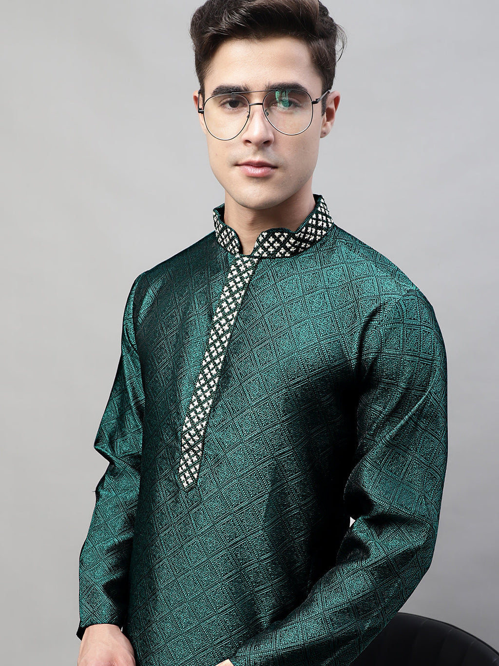 Jompers Men's Olive Green Collar Embroidered Silk Jacquard Kurta Pyjama