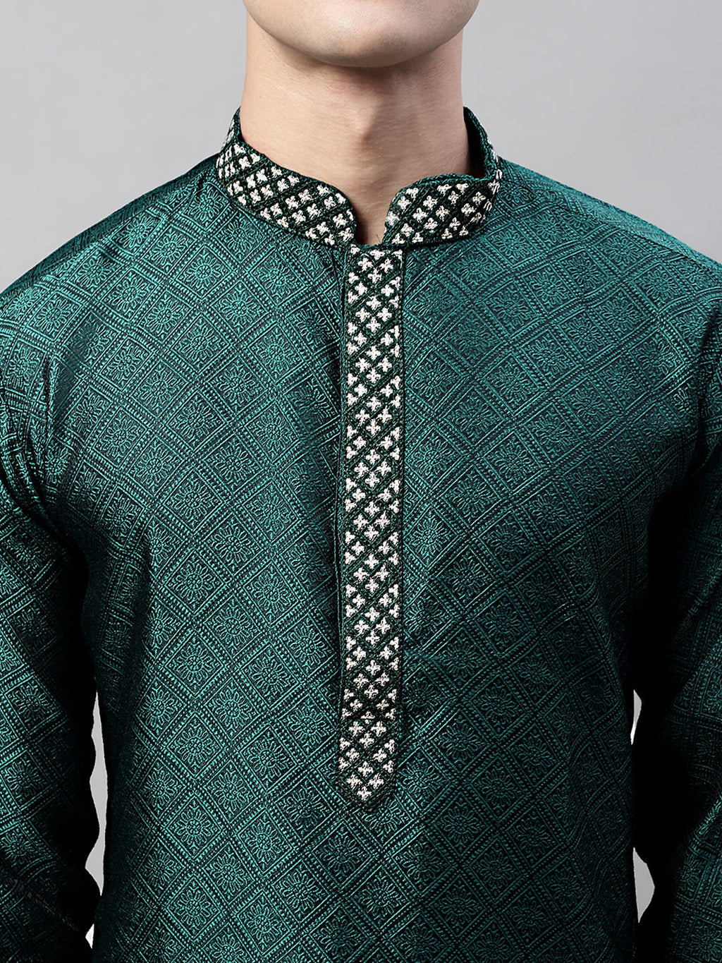 Jompers Men's Olive Green Collar Embroidered Silk Jacquard Kurta Pyjama