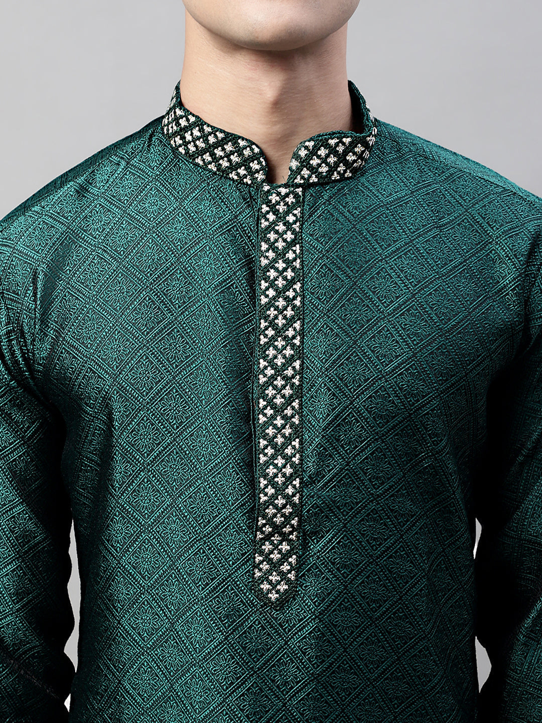 Jompers Men's Olive Green Collar Embroidered Silk Jacquard Kurta Pyjama