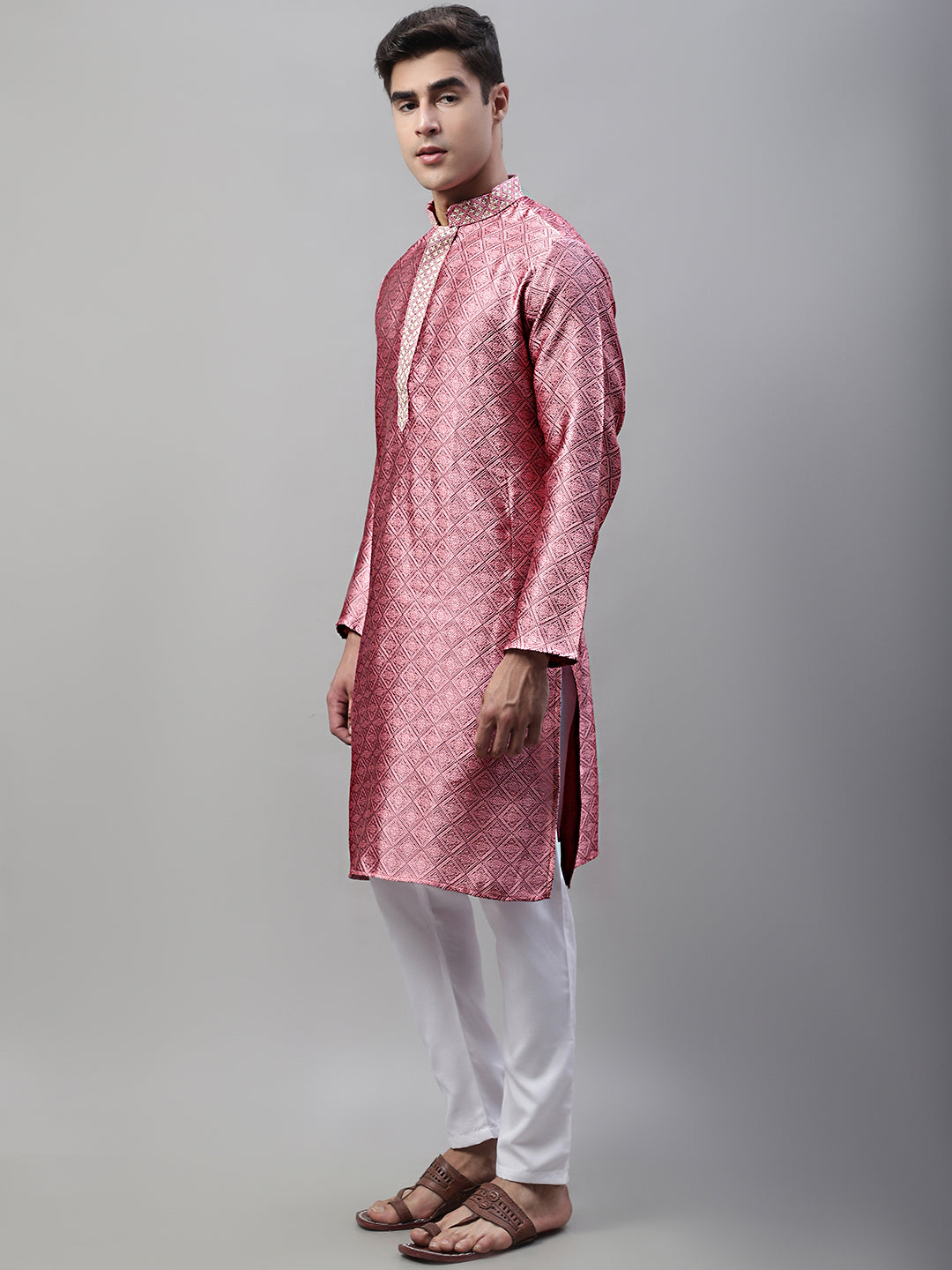 Jompers Men's Pink Collar Embroidered Silk Jacquard Kurta Pyjama