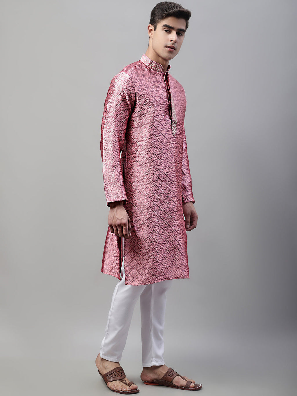Jompers Men's Pink Collar Embroidered Silk Jacquard Kurta Pyjama