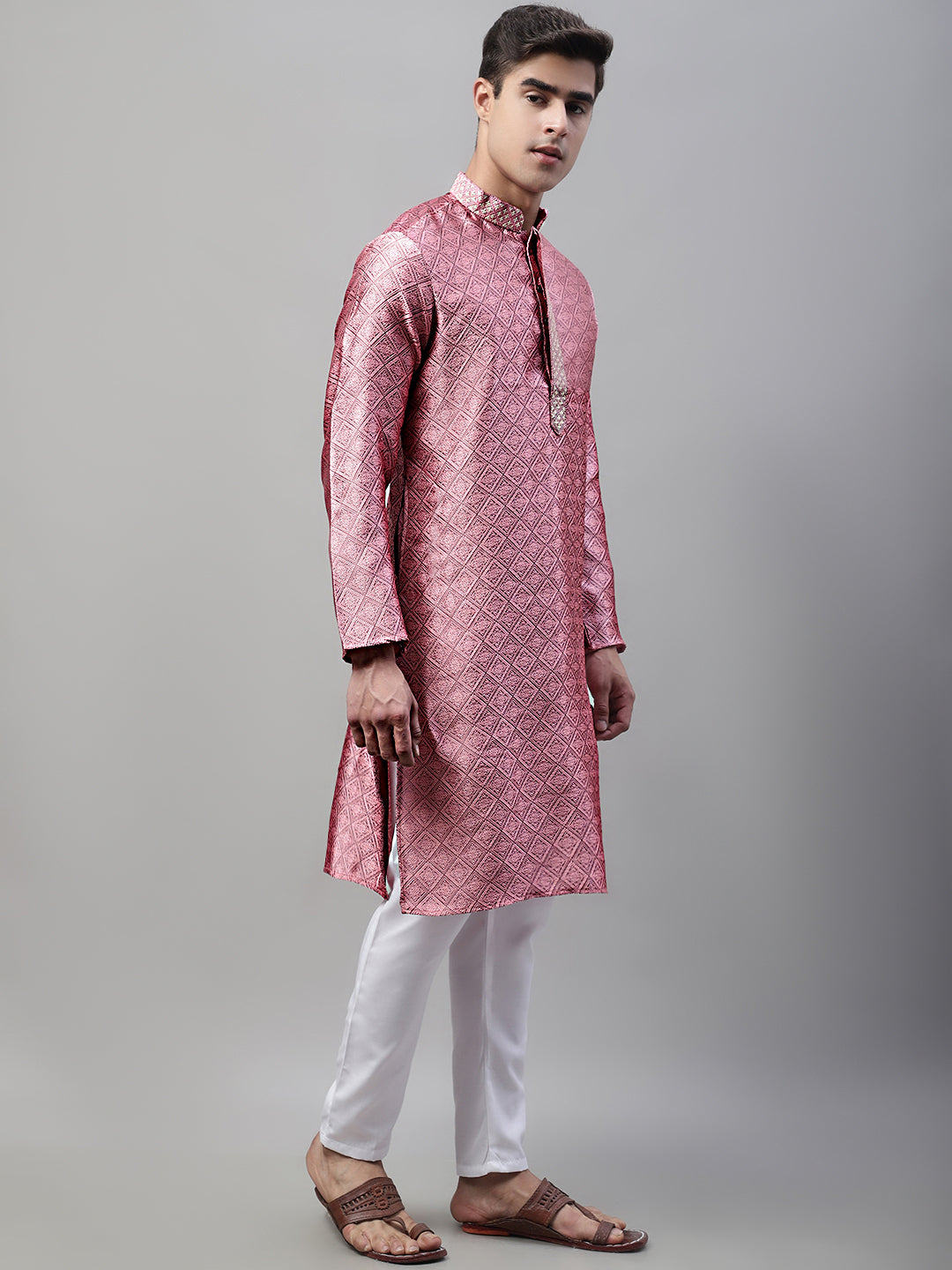 Jompers Men's Pink Collar Embroidered Silk Jacquard Kurta Pyjama