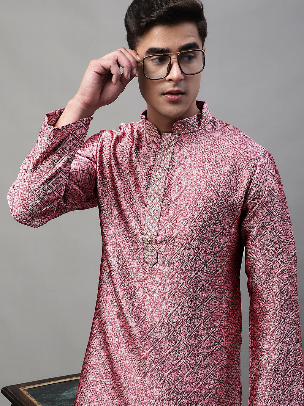 Jompers Men's Pink Collar Embroidered Silk Jacquard Kurta Pyjama