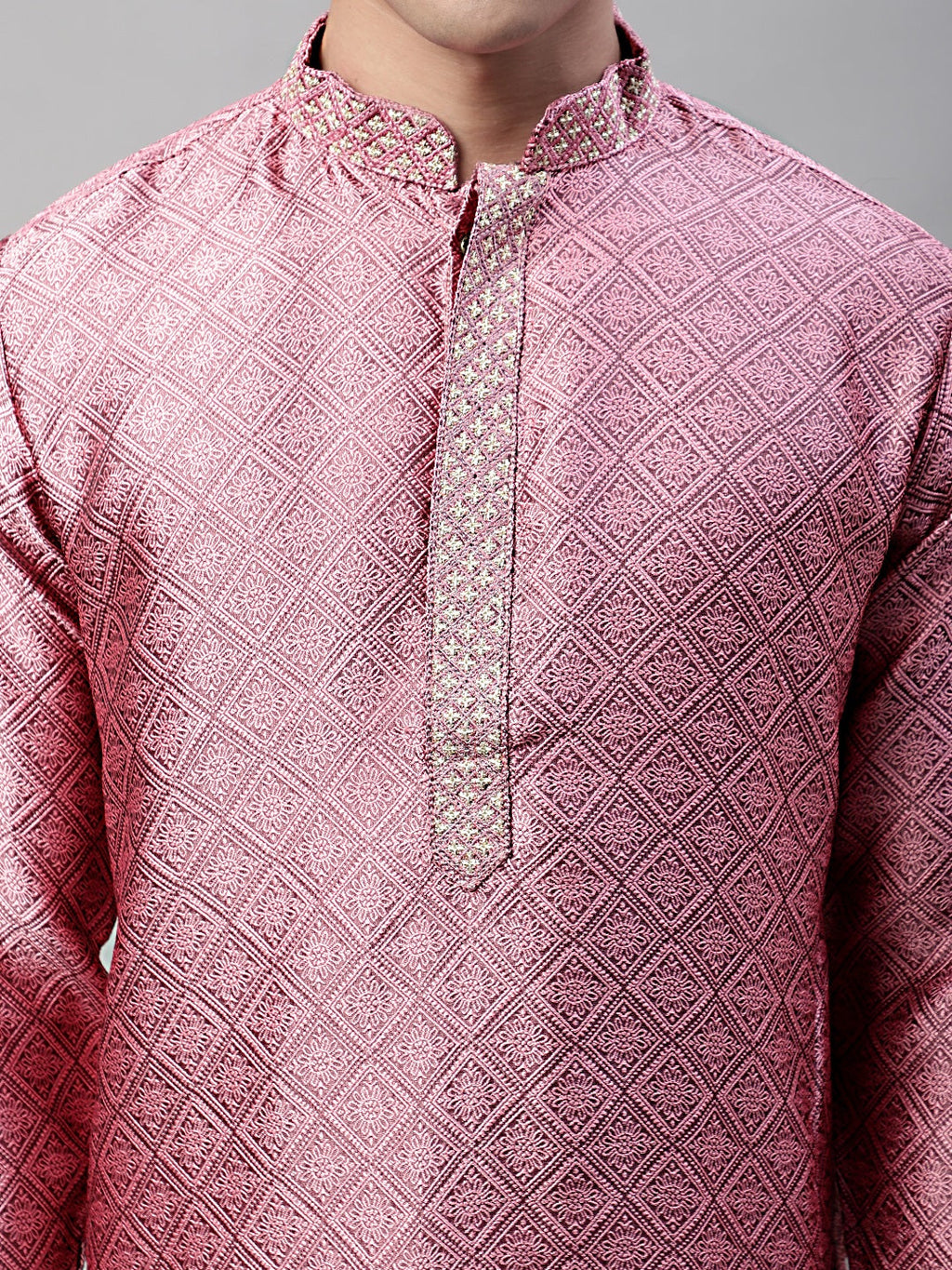 Jompers Men's Pink Collar Embroidered Silk Jacquard Kurta Pyjama