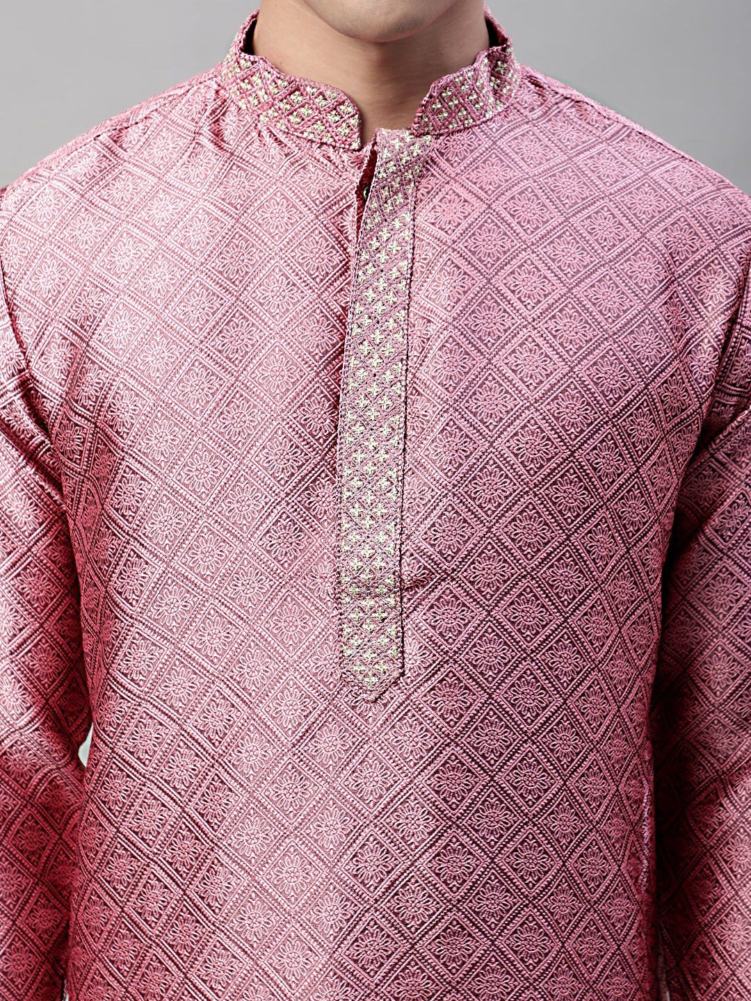 Jompers Men's Pink Collar Embroidered Silk Jacquard Kurta Pyjama