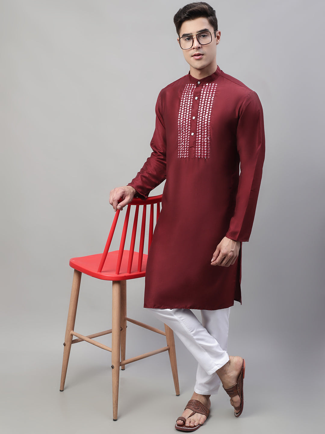 Jompers Men's Maroon Cotton Silk Mirror Work Kurta Pyjama