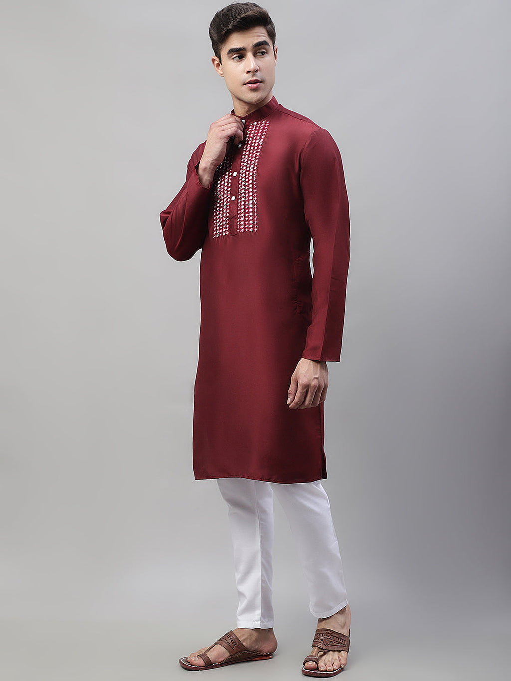 Jompers Men's Maroon Cotton Silk Mirror Work Kurta Pyjama