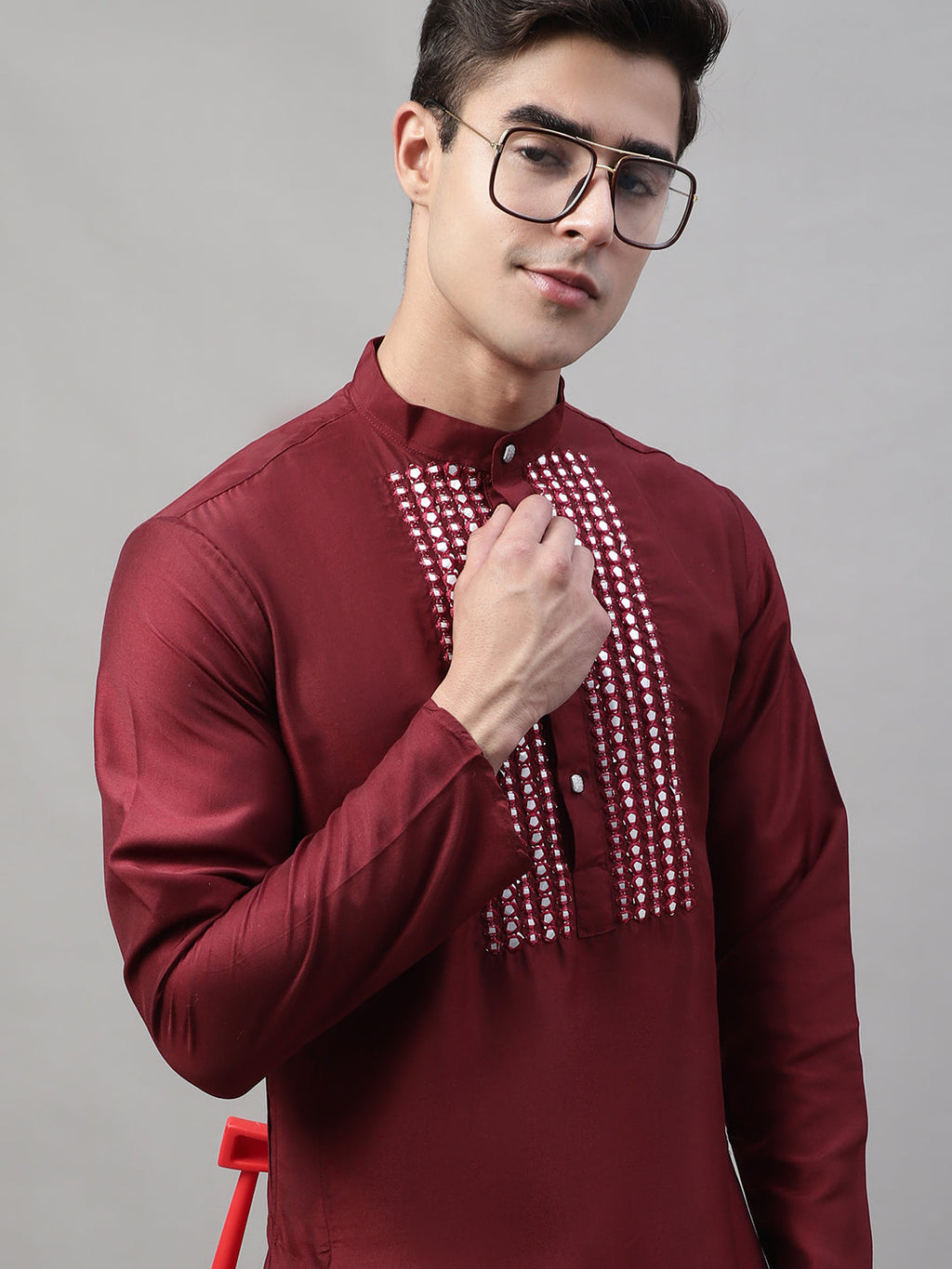 Jompers Men's Maroon Cotton Silk Mirror Work Kurta Pyjama
