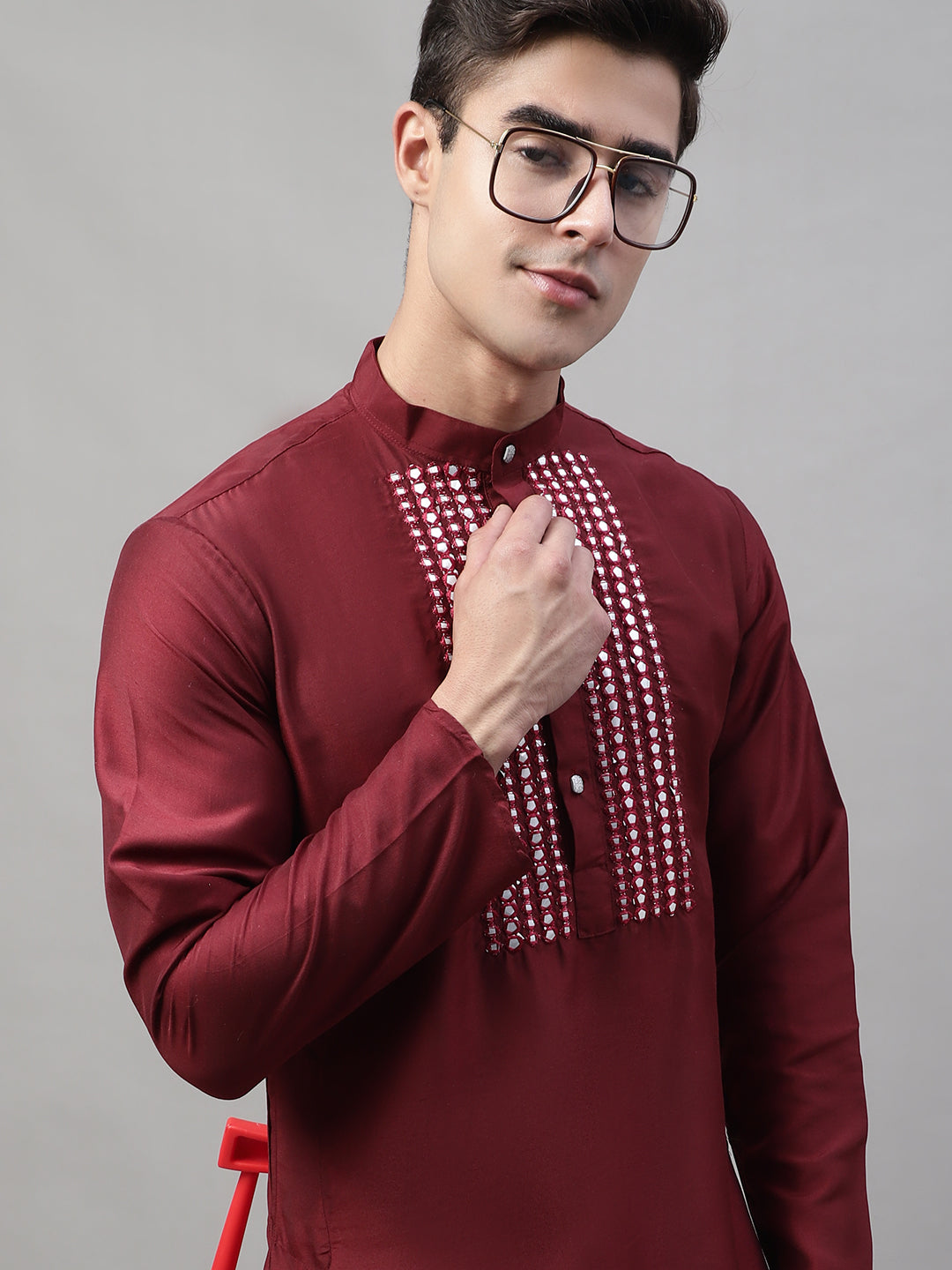 Jompers Men's Maroon Cotton Silk Mirror Work Kurta Pyjama