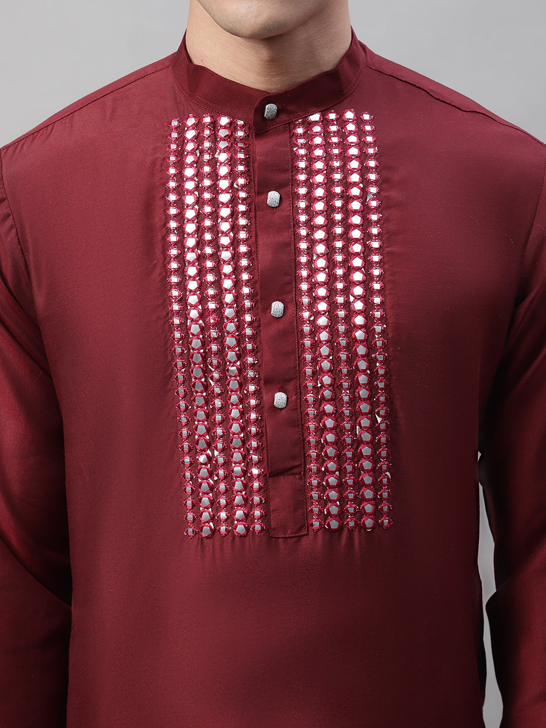 Jompers Men's Maroon Cotton Silk Mirror Work Kurta Pyjama