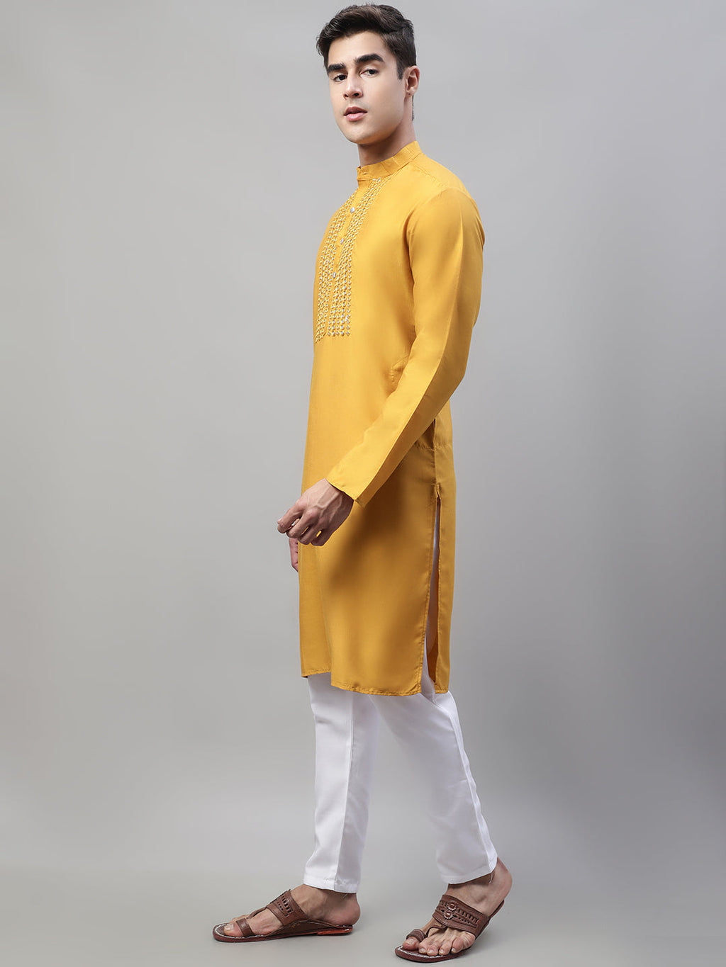 Jompers Men's Mustard Cotton Silk Mirror Work Kurta Pyjama