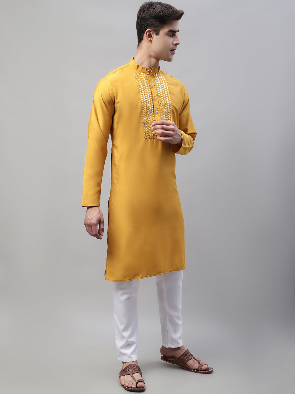 Jompers Men's Mustard Cotton Silk Mirror Work Kurta Pyjama