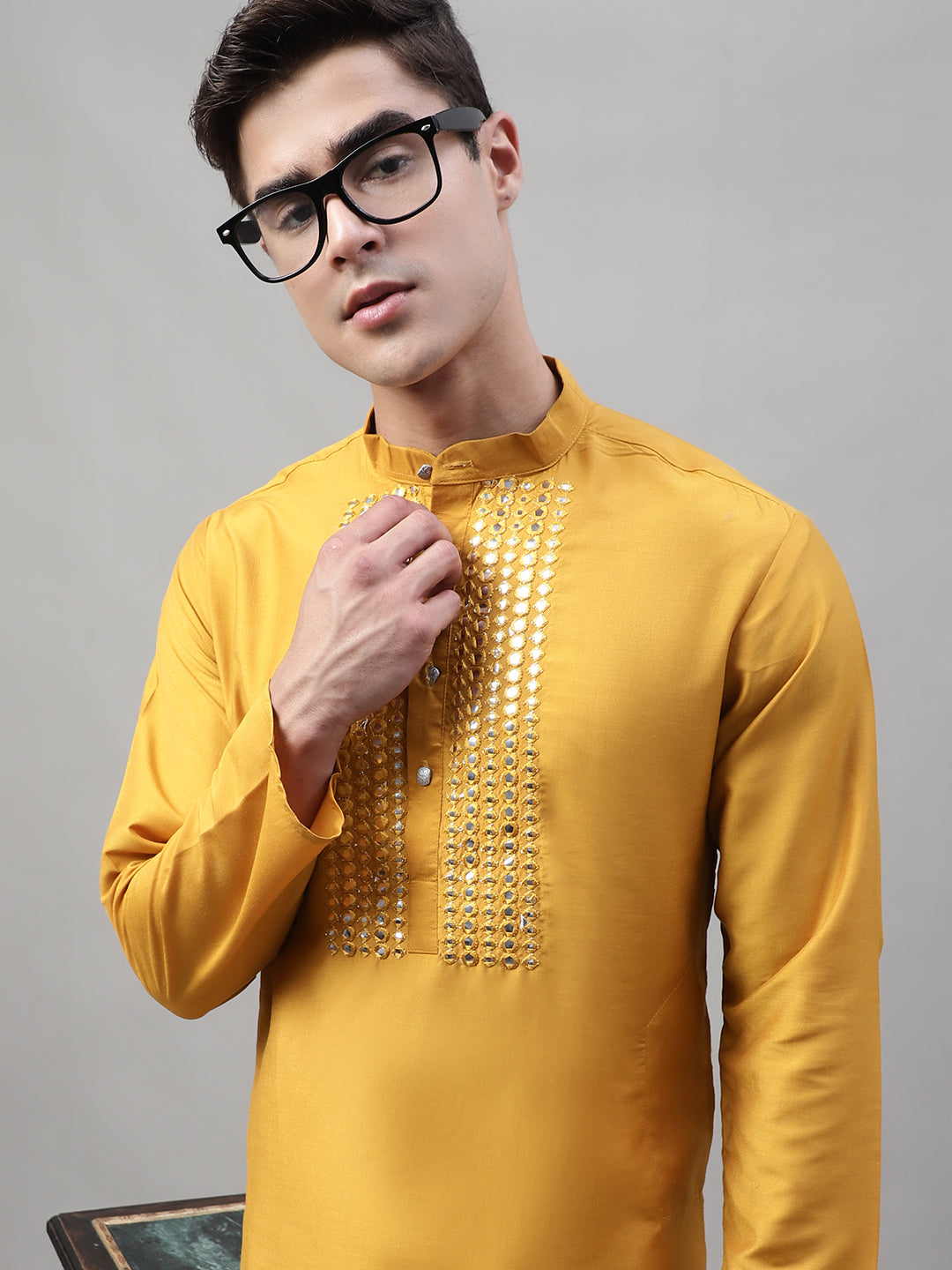 Jompers Men's Mustard Cotton Silk Mirror Work Kurta Pyjama