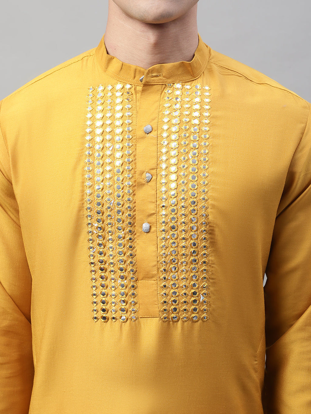 Jompers Men's Mustard Cotton Silk Mirror Work Kurta Pyjama