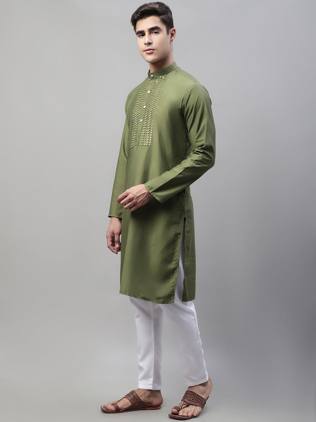 Jompers Men's Olive Green Cotton Silk Mirror Work Kurta Pyjama